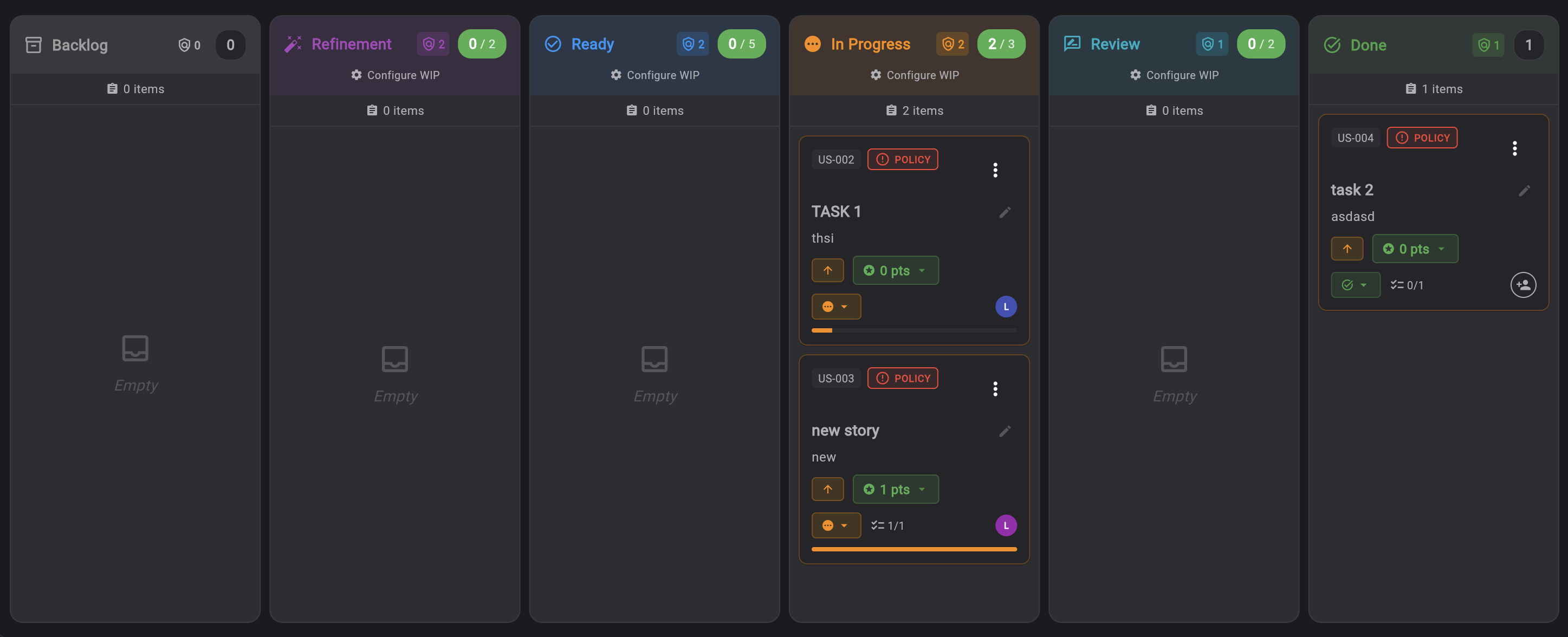 Keisen Kanban board with 6 columns, WIP limits, column policies badges and story cards