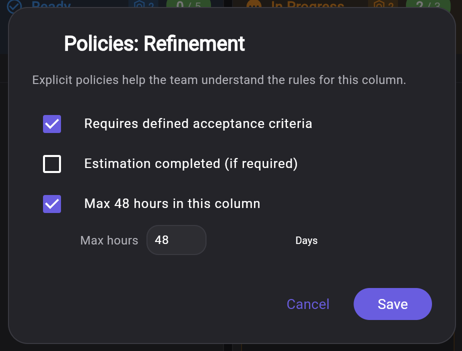 Keisen Kanban column policies dialog with acceptance criteria and time limit rules