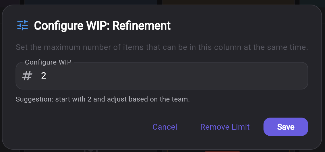 Keisen WIP limit configuration dialog for Kanban column with suggested values