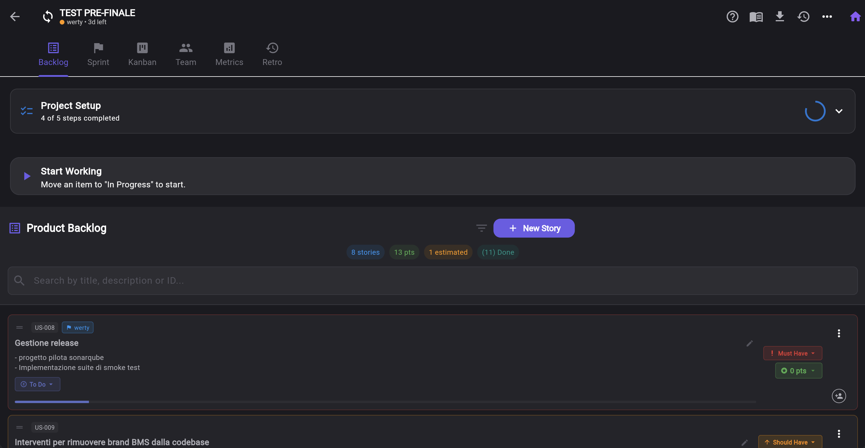 Keisen Agile Product Backlog with MoSCoW priority badges, setup checklist and user stories