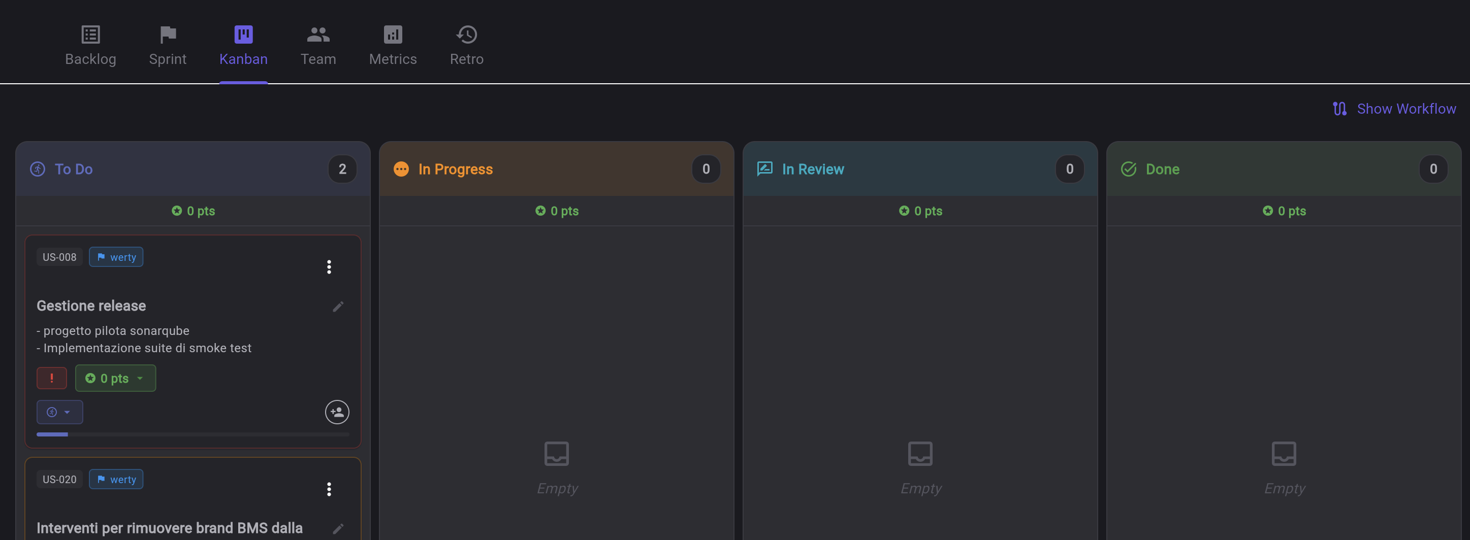 Keisen Scrum Kanban board with To Do, In Progress, In Review and Done columns