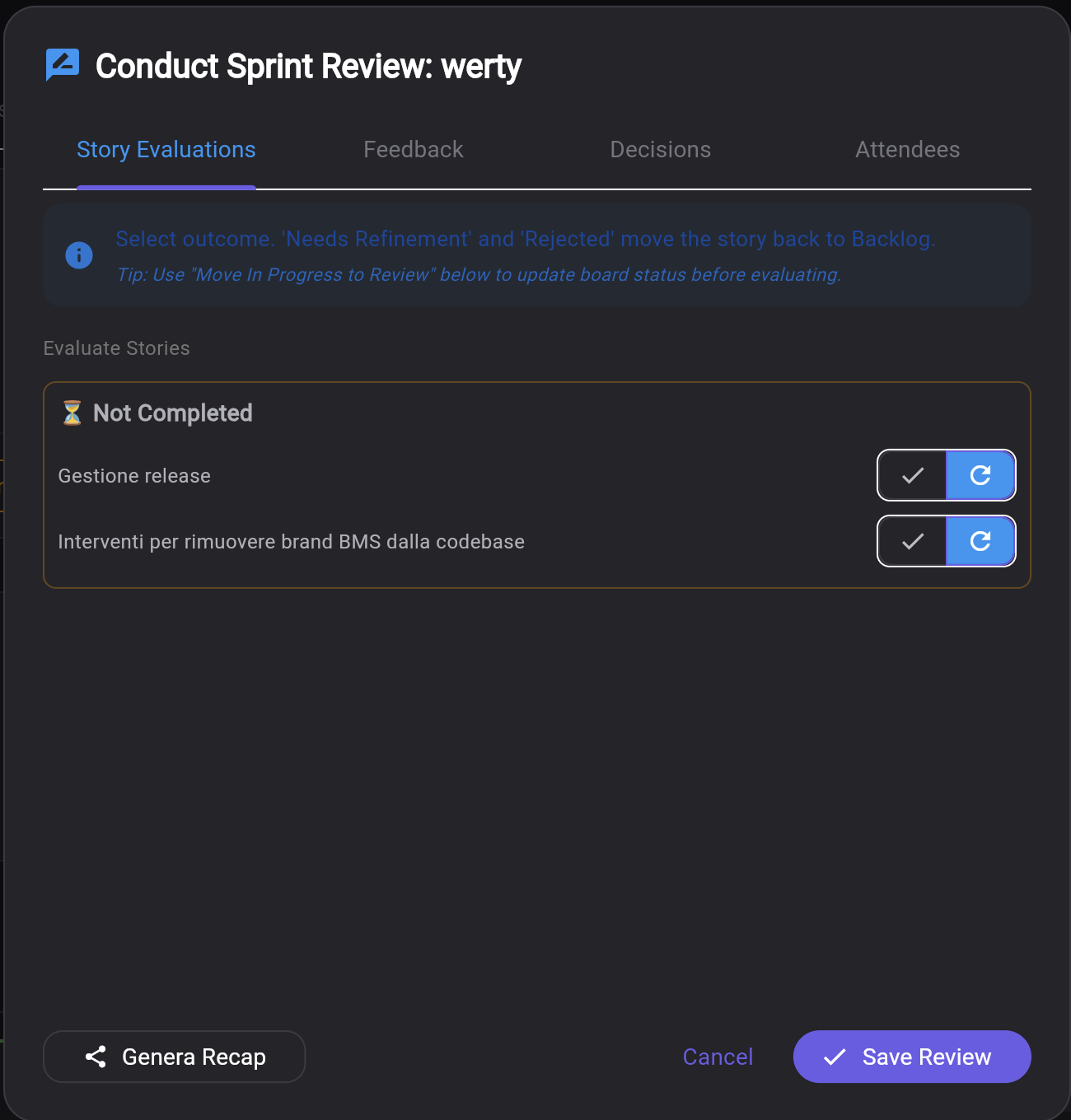 Keisen Sprint Review dialog with story evaluations, stakeholder feedback and decisions