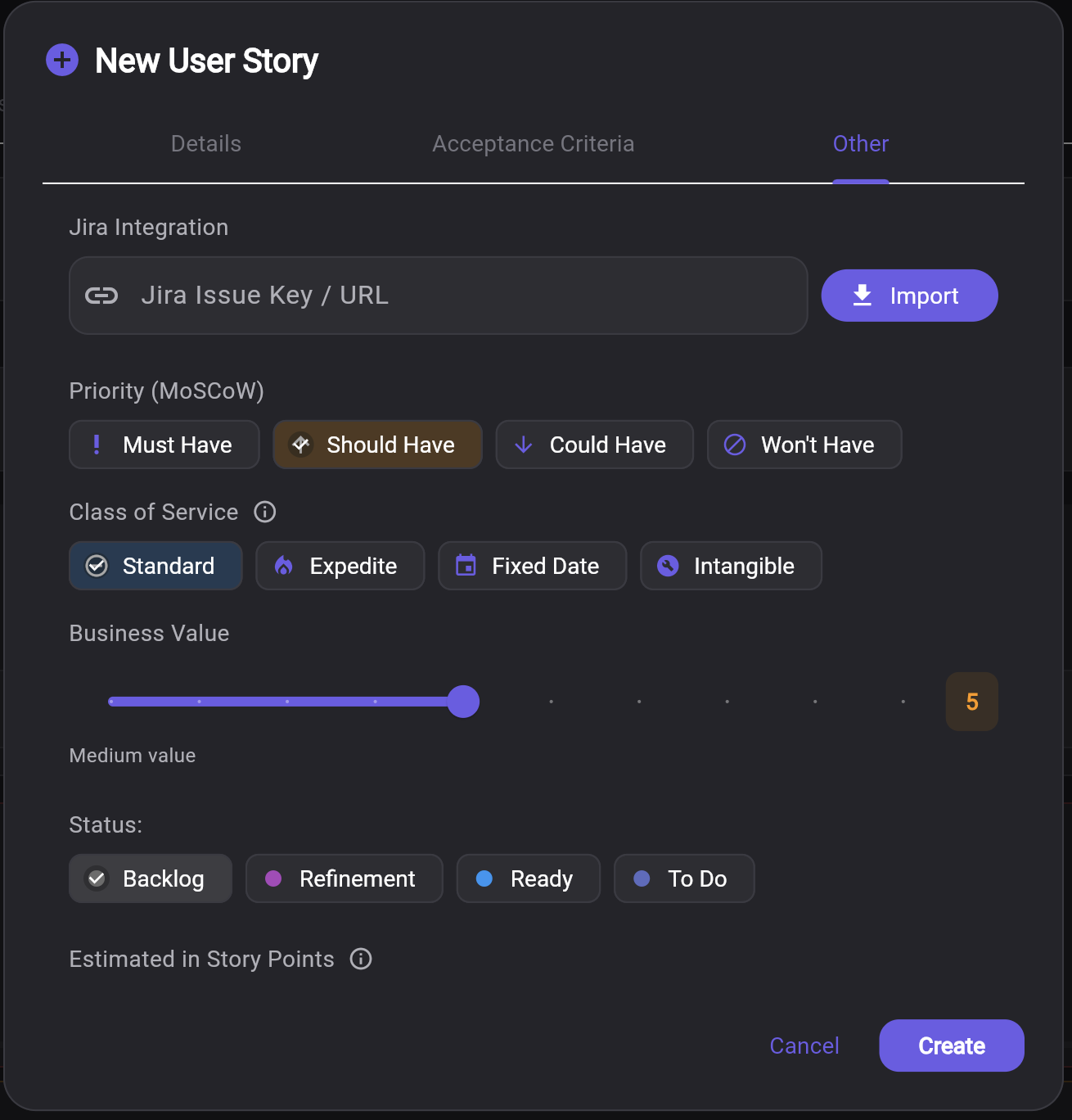Keisen User Story creation form with Class of Service, MoSCoW priority and business value