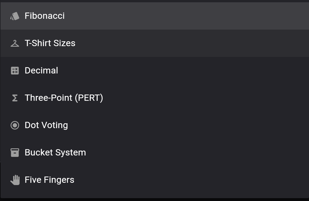 Seven estimation methods available in Keisen: Fibonacci, T-Shirt Sizes, Decimal, Three-Point PERT, Dot Voting, Bucket System, Five Fingers