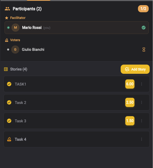 Participant panel with Facilitator and Voter roles, story list with final estimates and vote status indicators in Keisen Planning Poker