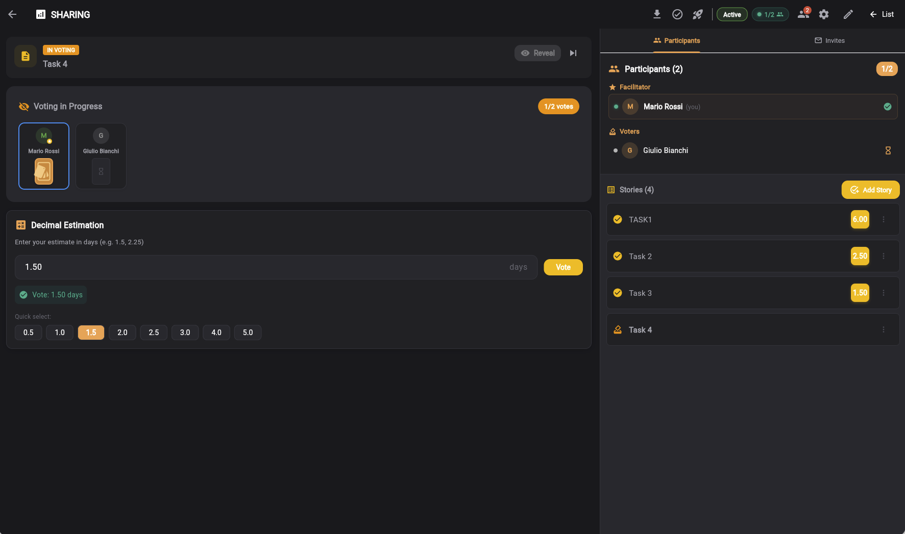 Planning Poker anonymous voting in progress with hidden cards showing 1 of 2 votes received, Decimal estimation mode with quick select buttons in Keisen app