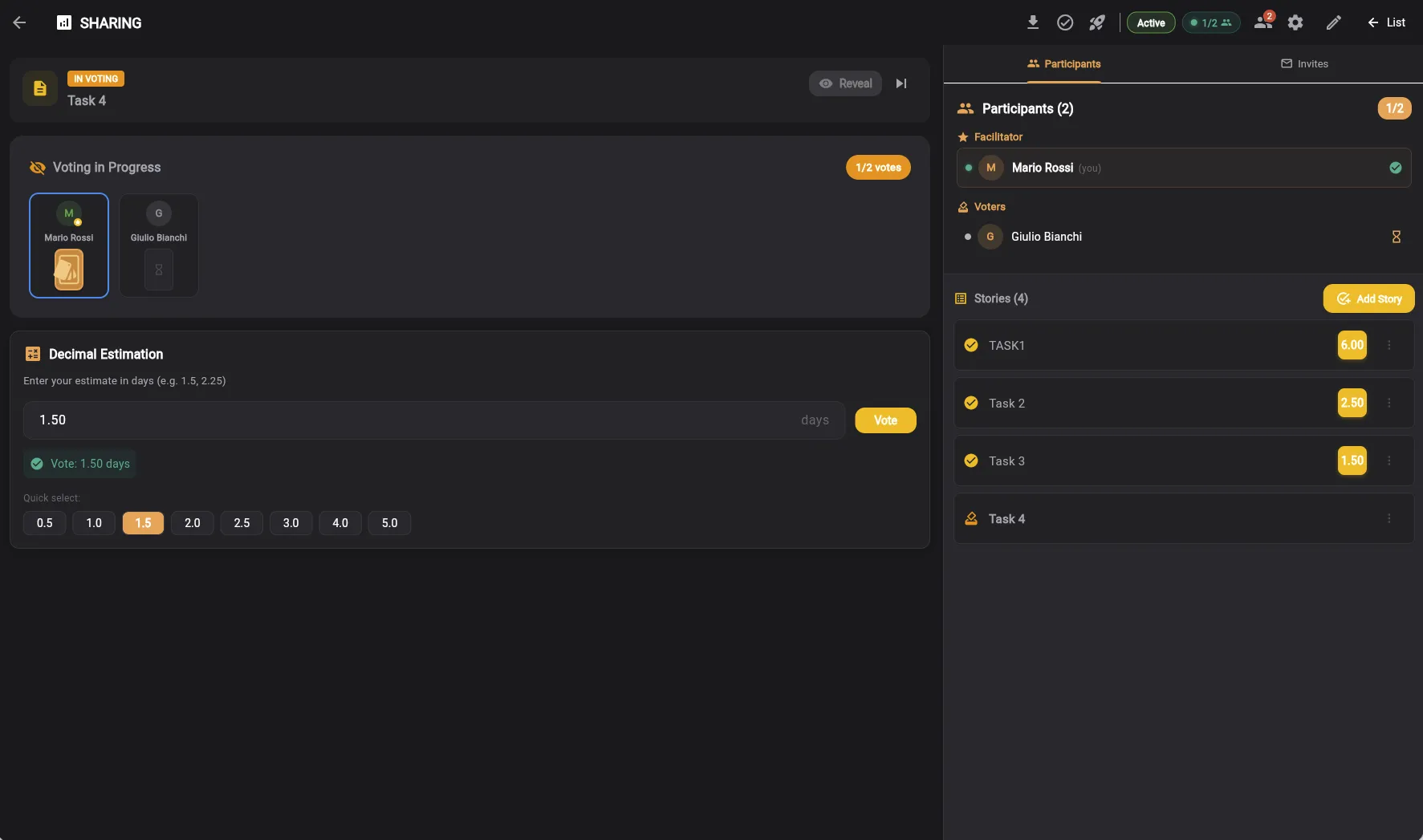 Sesion de Planning Poker con votacion en tiempo real y estadisticas en Keisen