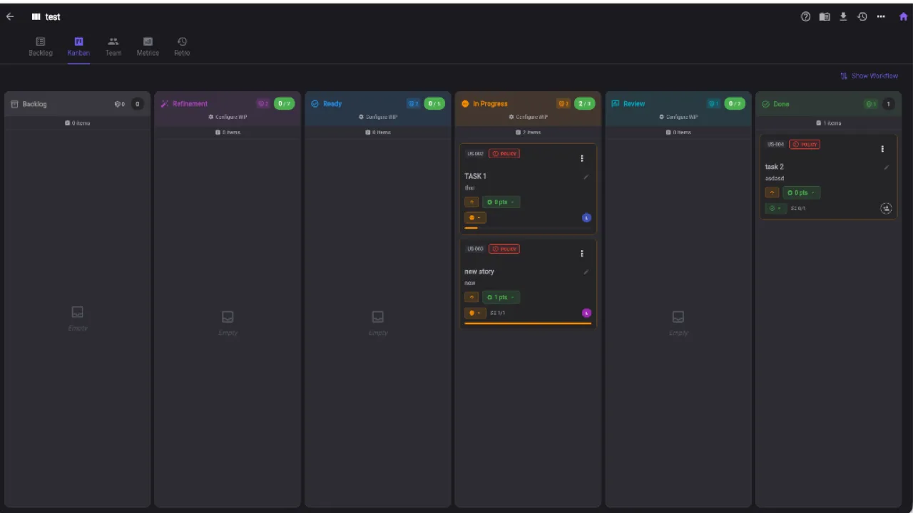 Agile Process Manager with sprint board, burndown chart and velocity tracking in Keisen