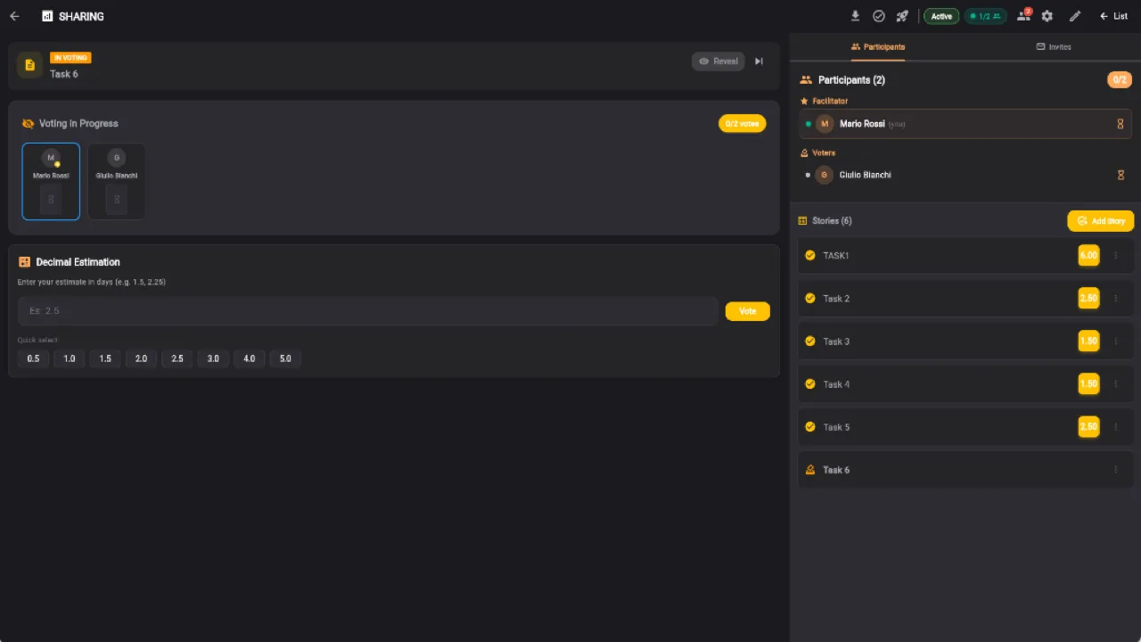 Estimation Room Planning Poker session with real-time voting and statistics in Keisen