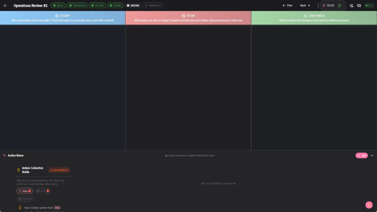 Retrospective Board with Start Stop Continue template and action items in Keisen