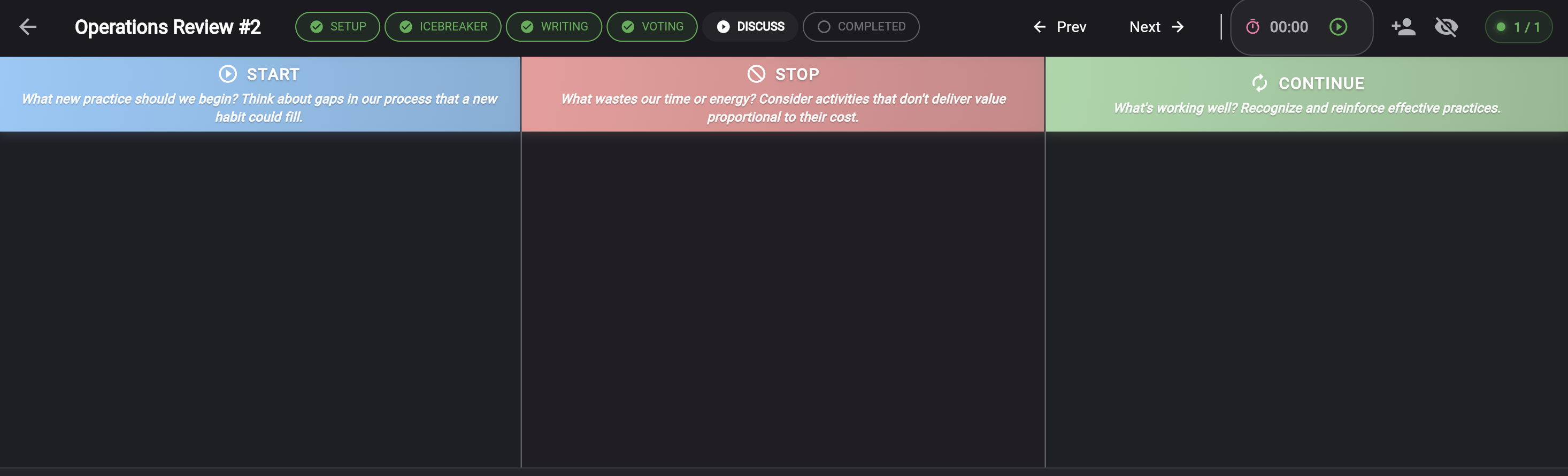 Retrospective board with Start/Stop/Continue template showing guided phases and colored columns