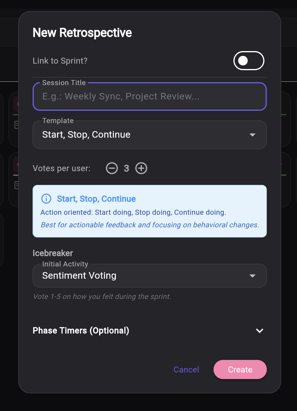 New Retrospective creation dialog with template selection, votes per user, icebreaker activity, and phase timers