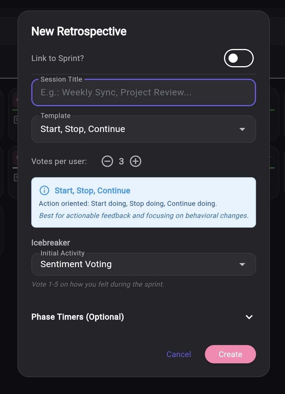 Pembuatan retrospektif baru dengan pilihan template dan konfigurasi di Keisen