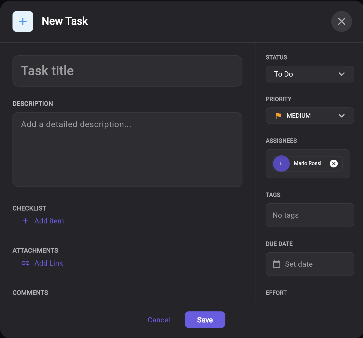 New Task dialog with title, description, status, priority, assignees, checklist, attachments, comments, tags, due date and effort fields